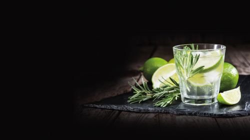 Gin Tonic Glas mit Limetten und Thymian daneben